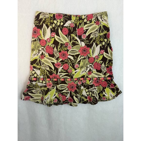 Windridge Floral Ruffle Hem Skirt M Brown Coral Green Floral Print Comfy Feminin - Picture 8 of 8